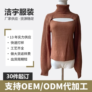 跨境女士高领套头针织衫胸前镂空灯笼袖罗纹肌理修身长袖针织毛衣