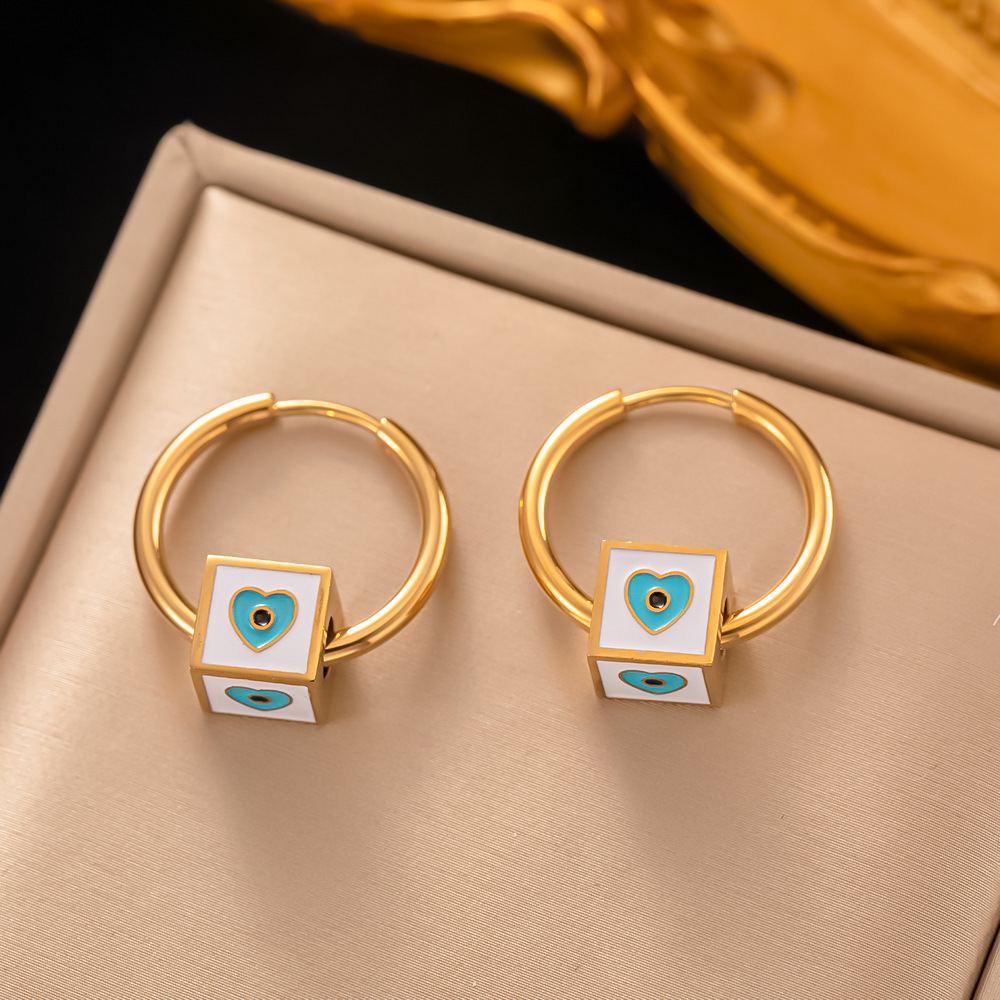 Hoop Earrings Classification 1 Pair Quantity 1 Pair Artistic Square Heart Shape Eye Enamel Plating 304 Stainless Steel 18K Gold Plated Hoop Earrings