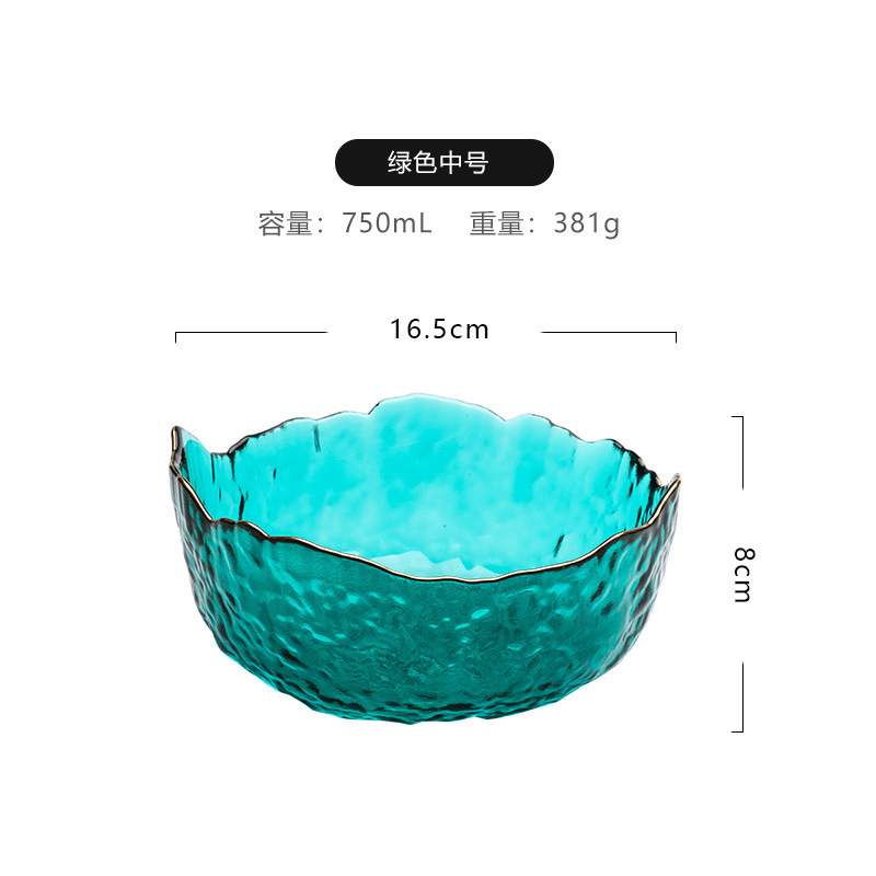 Venta al por mayor estilo nórdico patrón de martillo transparente borde dorado ensaladera de vidrio hogar plato de fruta de postre de alto aspecto vegetal