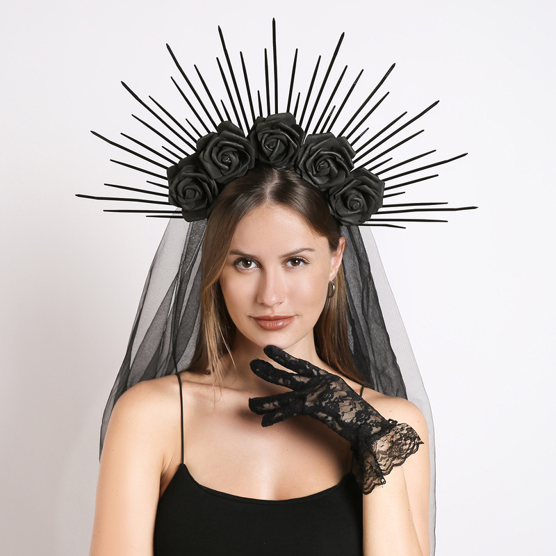 Gothic Crown Headband Goddess Yarn Lace Halo Halloween Costume Headwear Cosplay Tie Hairband Exaggerated