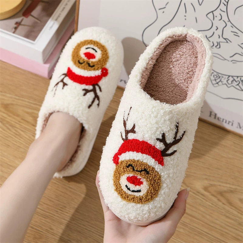 Новые удобные домашние милые Мультяшные зимние хлопковые тапочки Санта-Клауса для мужчин и женщин, теплые хлопковые тапочки для пары