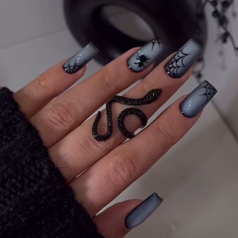 Medium-sized square gothic-style Halloween fake nails with black gradient spider web design, detachable nail pieces