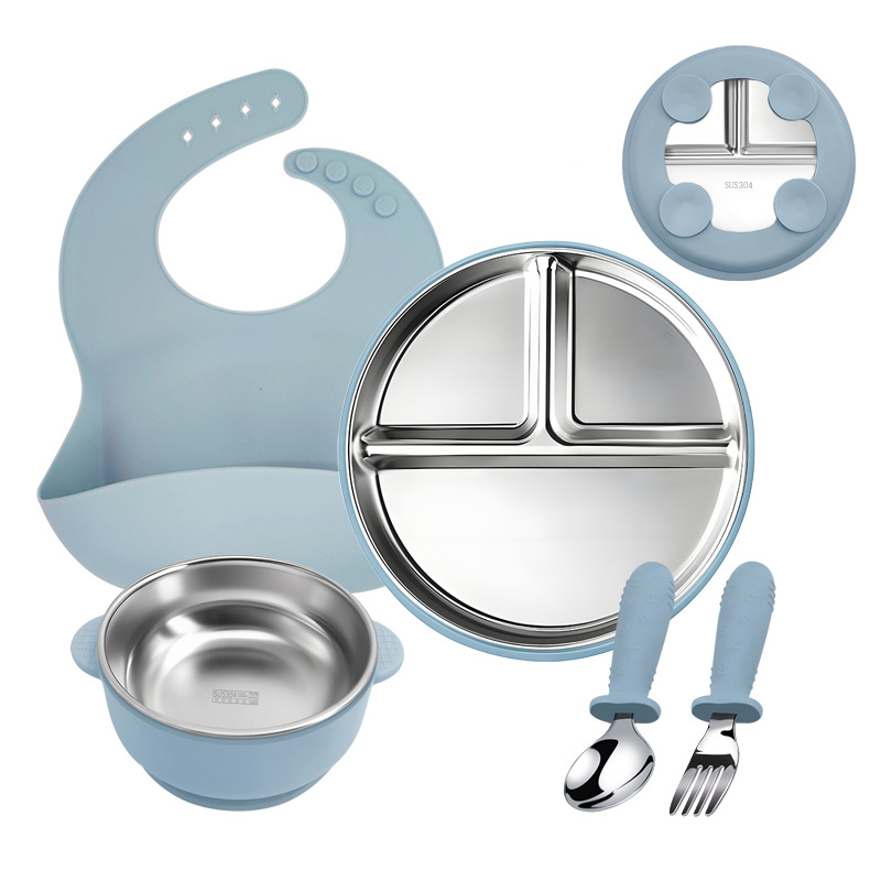Bandeja de comedor de acero inoxidable 304 para niños Juego de cinco piezas Ventosa inferior Tipo de rejilla dividida Vajilla para niños Placa de rejilla cuantitativa para estudiantes