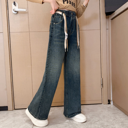 Women's Spring Outerwear Pants 2024 New Middle-Size Children's Leisure Straight Leg Wide Leg Long Pants Spring Children's Jeans