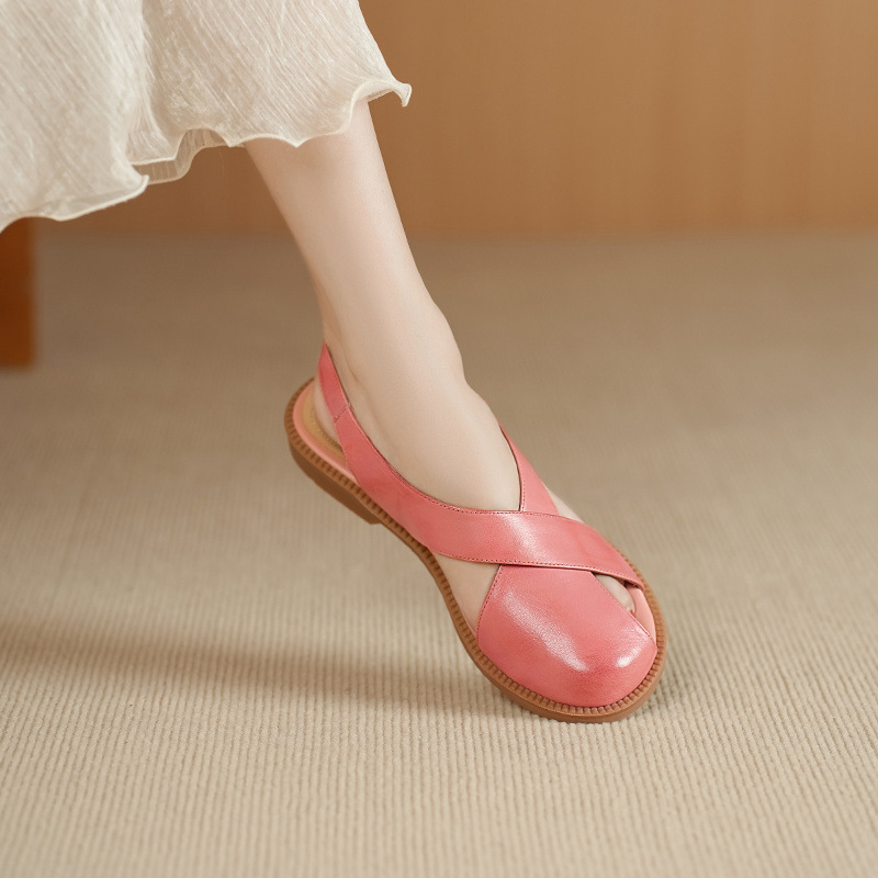 Dép sandal nữ quai chữ V đơn giản da bò mềm đế bệt — màu hồng