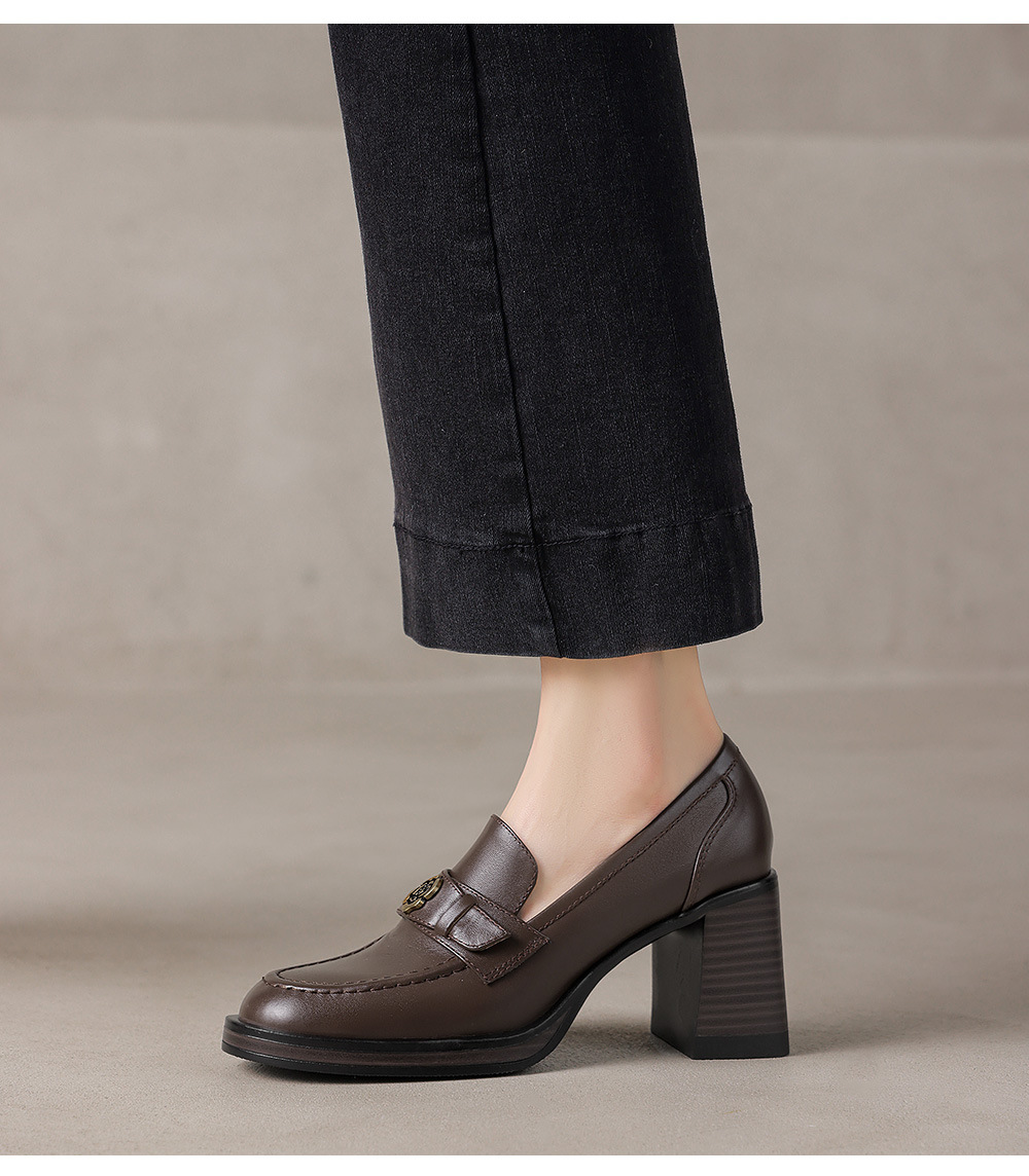 Giày loafer nữ cao gót phong cách Anh quốc vintage, da bò thật gót vuông — màu nâu chi tiết 18
