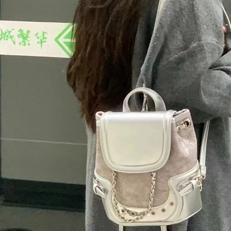 High-Quality Pink Crocodile-Patterned Backpack with Silver Accents, Stylish Commuter Bag with Chain, Small Backpack