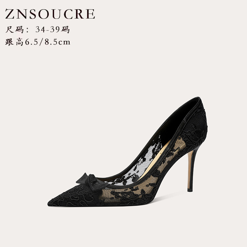 718-3夏季新款性感网纱蝴蝶结尖头羊皮女跟鞋尖头细高跟女主纱鞋