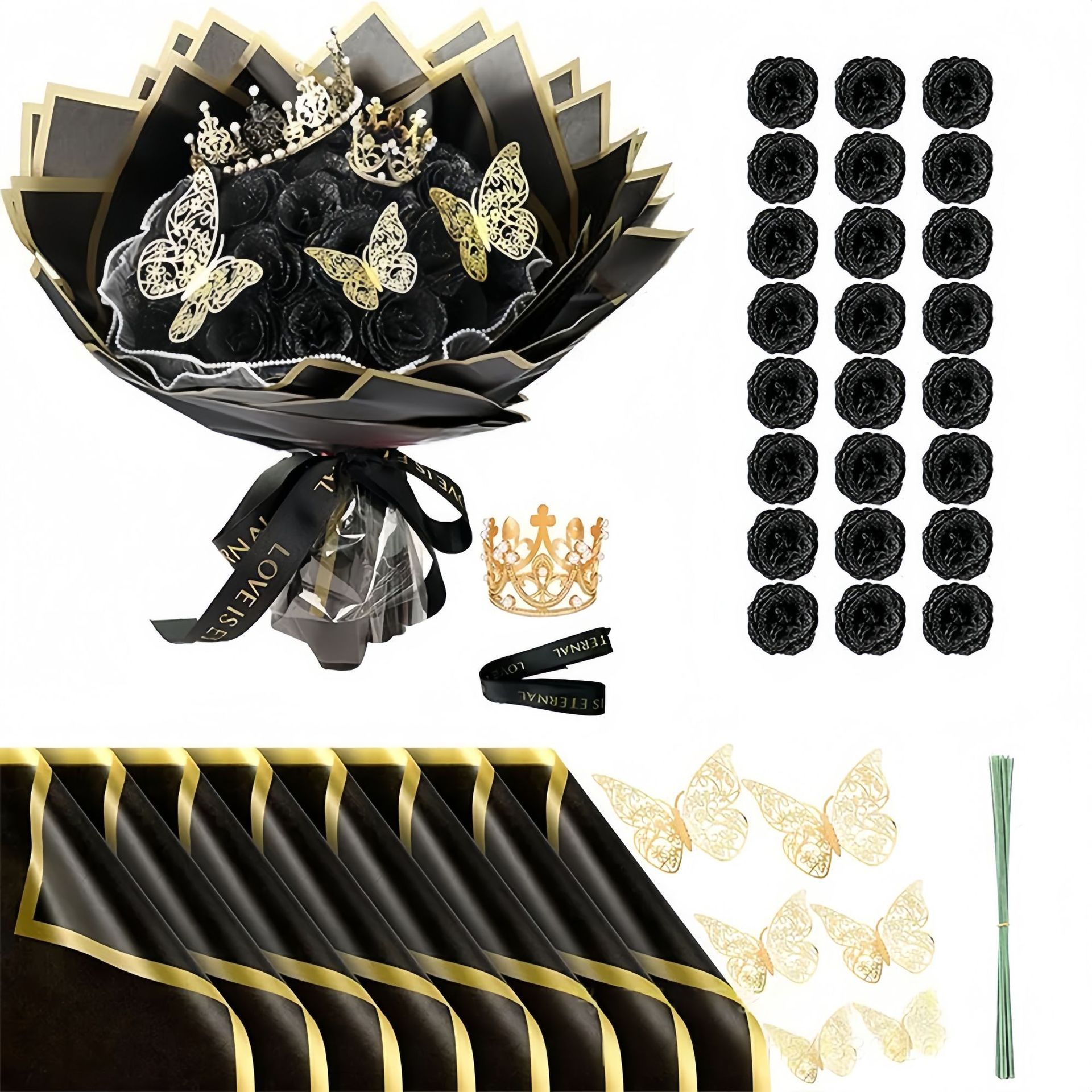 Festival Gifts Christmas Butterfly Crown 24 Glitter Rose Gold Powder Bouquet Artificial Rose DIY Wrapping Paper Valentine's Day Gift_voghion.com