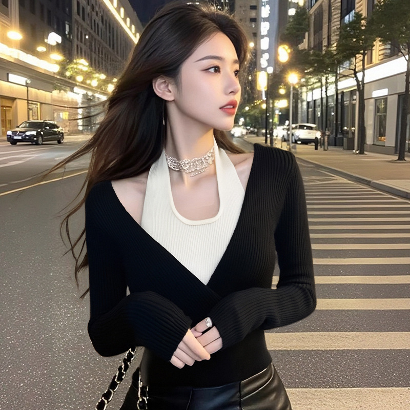 AI Figure in stock 2025 Spring New Neck Sweet Spice Girl Slim Fit Pure Desire Wind Short Top Knitted Sweater for Women