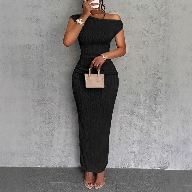 2025 Amazon Independent Site New Cross-Border Cute and Fashionable Water Ripple Slanted Shoulder Dress in Stock