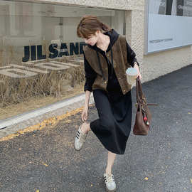 韩系休闲连帽卫衣裙套装女2025入秋穿搭一整套显瘦PU皮马甲两件套