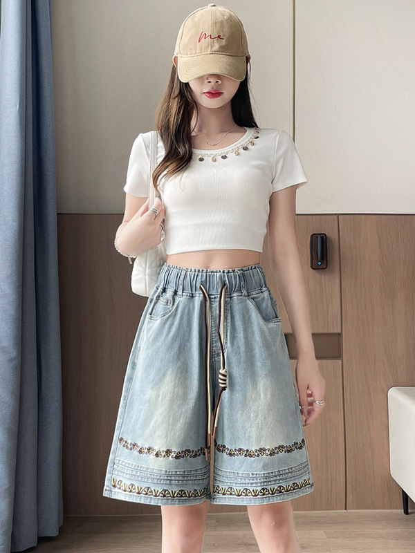 黑色高腰牛仔短裤女2025年夏季薄款大码胖mm阔腿宽松松紧腰五分裤|undefined
