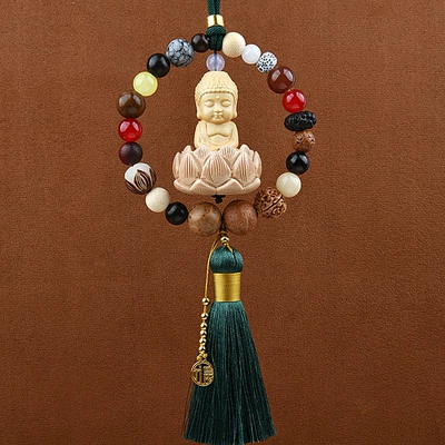 Car hanging Beads, High-Quality Boxwood and Peach Wood - eighteen-bodhi-seeds-little-buddha-dark-green
