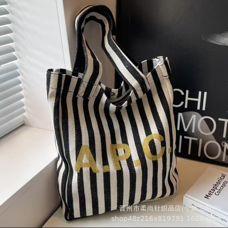 Apc Letter Stripe Large-Capacity Canvas Bag Japanese and Korean Style Lazy Style Student Shoulder Bag Retro Commuter Handbag Apc Letter Stripe Large-Capacity Canvas Bag Japanese and Korean Style Lazy Style Student Shoulder Bag Retro Commuter Handbag
