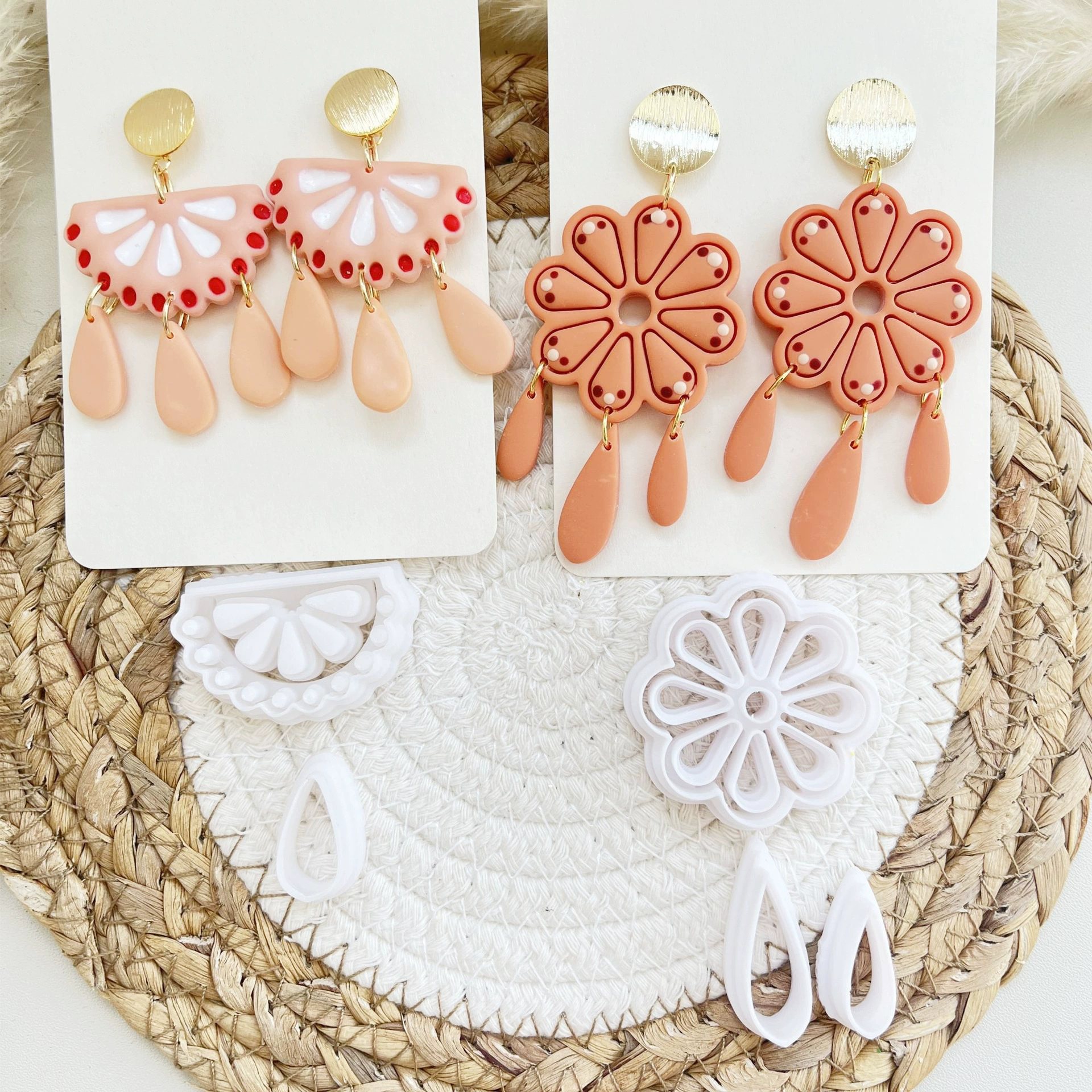 Set, ceramics, earrings, clay, highly precise mold, cutting die, (Cross-border trading), boho style