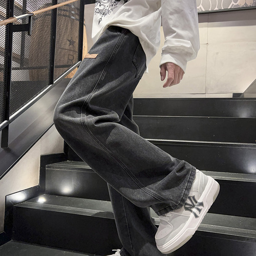 Foreign trade black jeans for men, spring and autumn loose wide-leg drawstring straight pants for men, new work pants for men