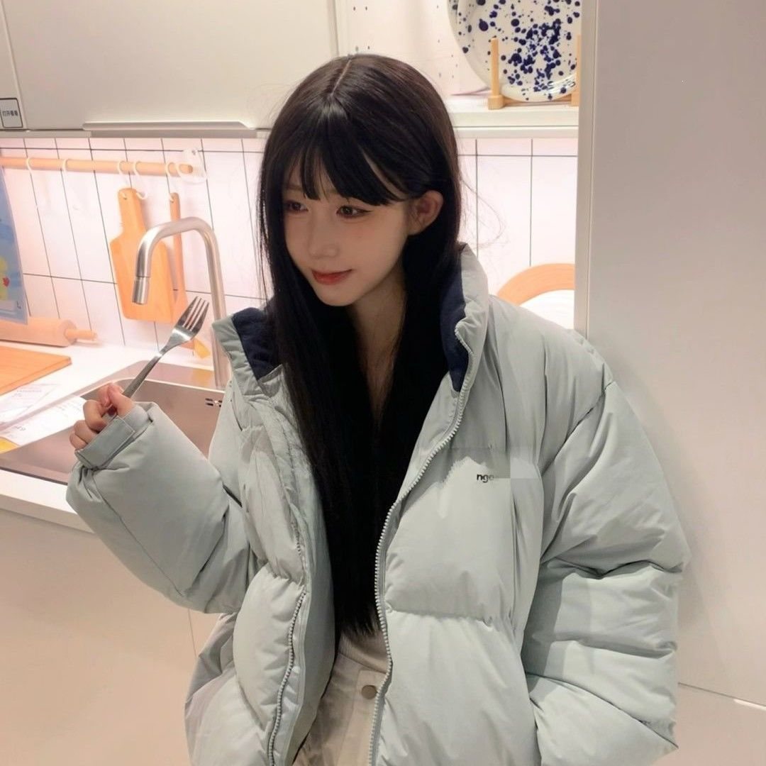 蓝色羽绒服女短款立领2026新款冬潮牌宽松情侣韩版面包服外套冬季