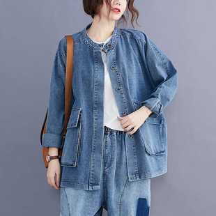 Real Shot of Large Flap Pocket Pantss Literary Denim Jacket for Women Spring & Fall Loose New Style Distressed Short Large Size Denim Jacket