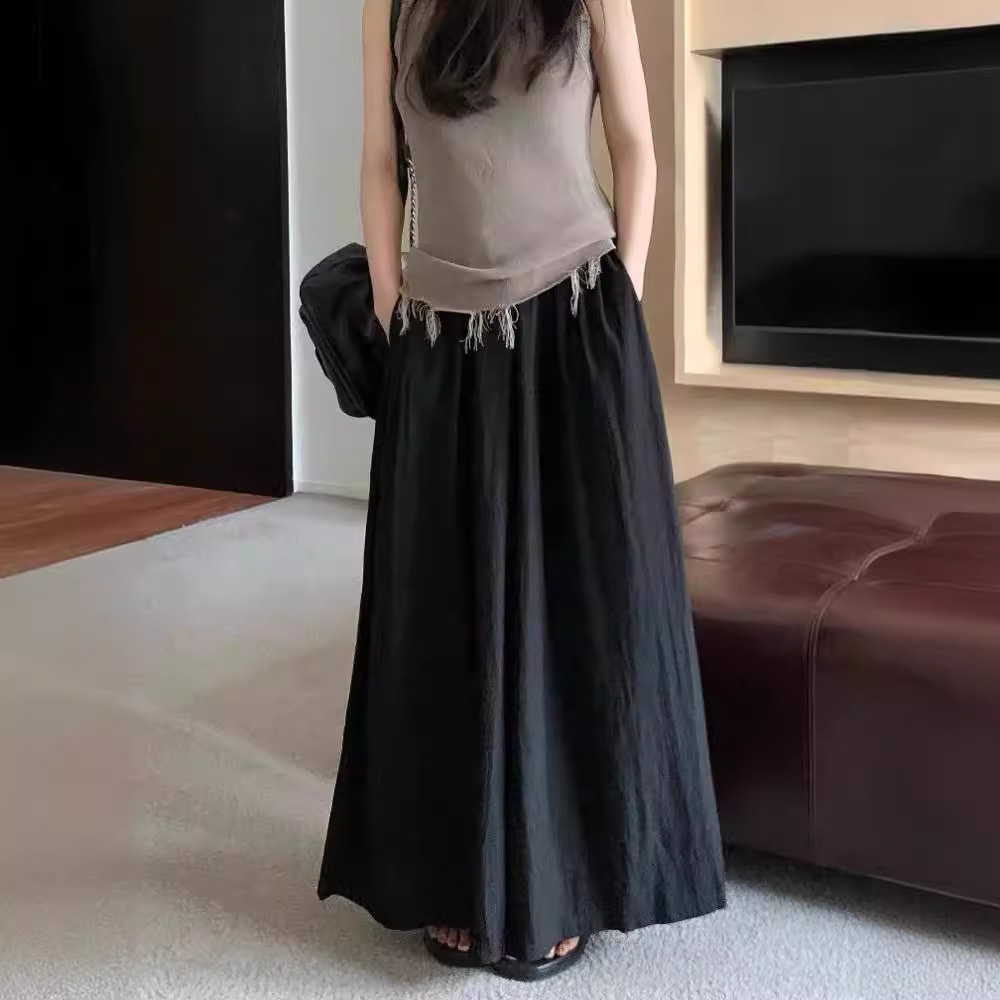 Textured casual trousers for women new retro high waist slim design solid color wide leg skirt pants_voghion.com