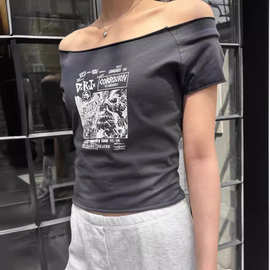 BM风卷边大圆领一字肩短袖bm棉质印花摇滚系列上衣女