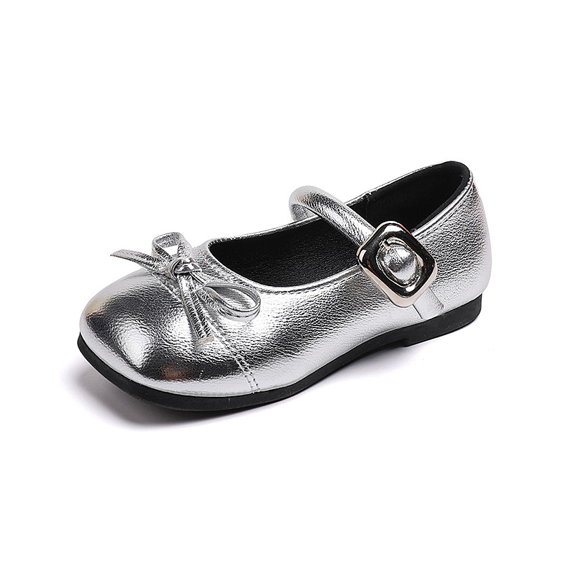Glänzende silberne Mary-Jane-Ballerinas für Mädchen mit Schleifendetail, leicht, ideal für Schule und Party, mit praktischem Klettverschluss_voghion.com