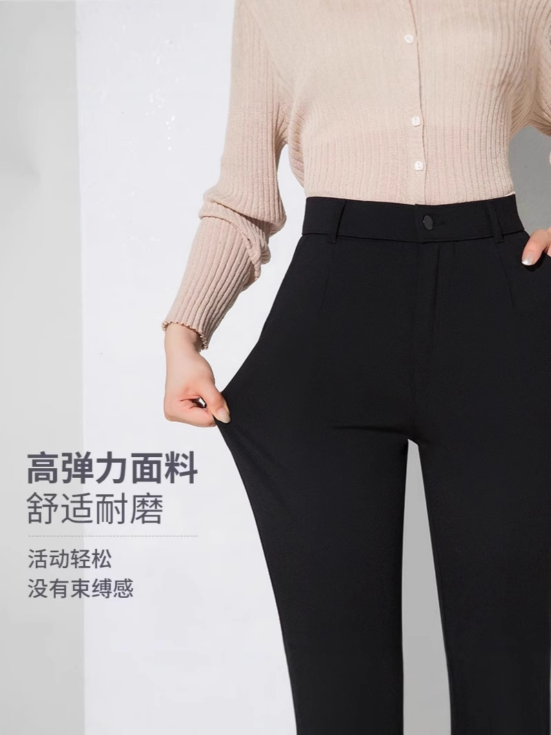 大きいサイズの女性用スーツパンツ、ハイウエストで伸縮性があり、着痩せ効果のある秋冬用ストレートレッグ通勤カジュアルパンツ、裏起毛スモーキーパンツ