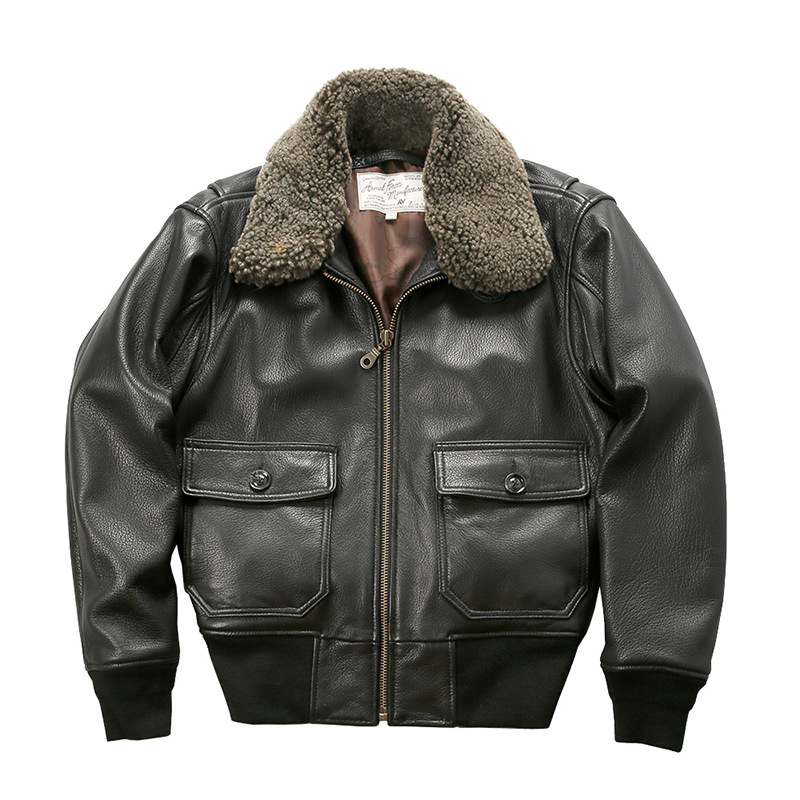 Men’s Genuine Goatskin G1 Bomber Jacket – Detachable Wool Collar, Vintage Flight Style (S-2XL)_voghion.com