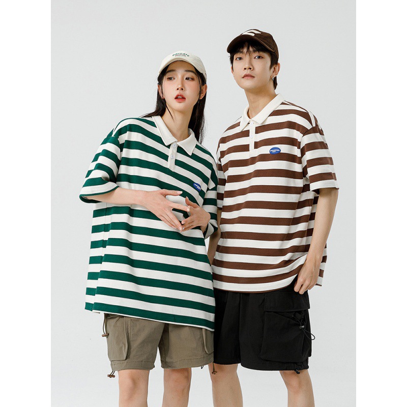 Polo camiseta de manga corta para hombres verano nuevo suelto camiseta de rayas pareja de moda de Hong Kong marca con solapa chaqueta media manga