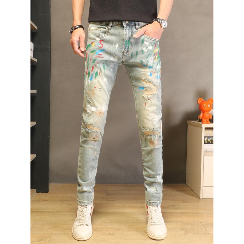 Trendy Retro Light Blue High-End Ripped Jeans for Men 2025 New Fashion Slim Fit Pants