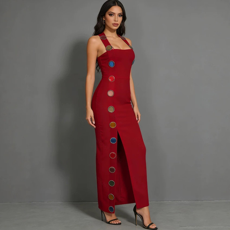 New Fashion Halter Sexy Circle Embellished Casual Sleeveless Slim Tight Long Bandage Dress Women's Clothing