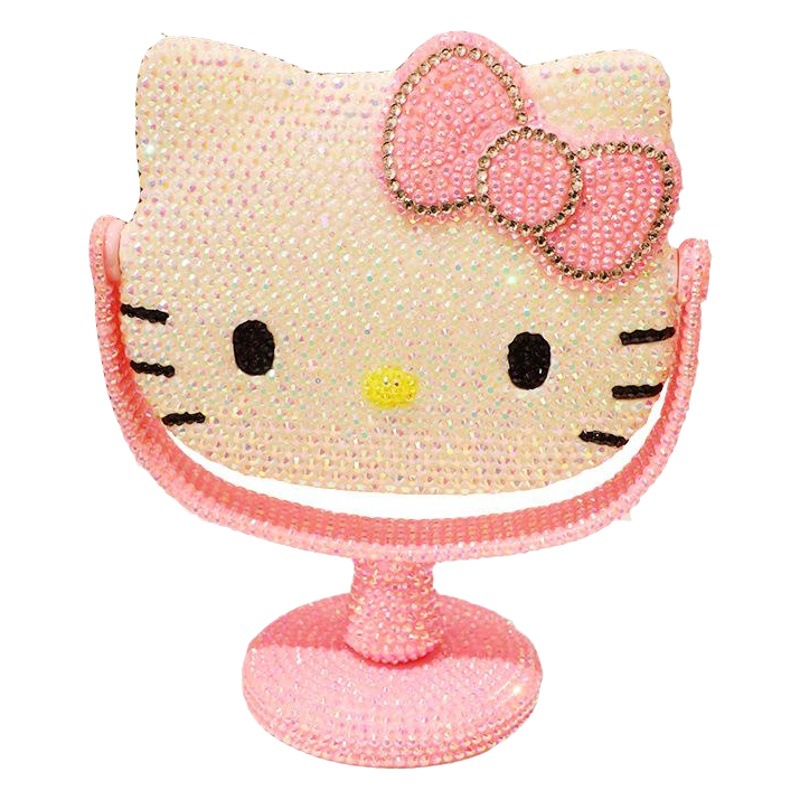 Espejo de maquillaje de diamantes de imitación de gato de plástico, espejo de mesa de corazón de niña rosa de diamante, espejo de tocador, espejo giratorio, espejo de vacaciones en vivo