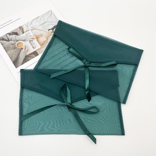 Custom dark green bow encryption organza clamshell bag matte yarn packaging envelope bag eye mask gift yarn bag