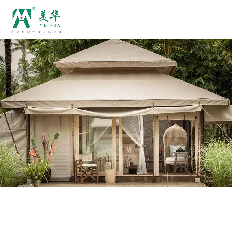 Hotel de tienda de campaña de pico único atractivo de ocio al aire libre techo de pendiente campamento de lujo hexágono fabricante a prueba de lluvia ligero