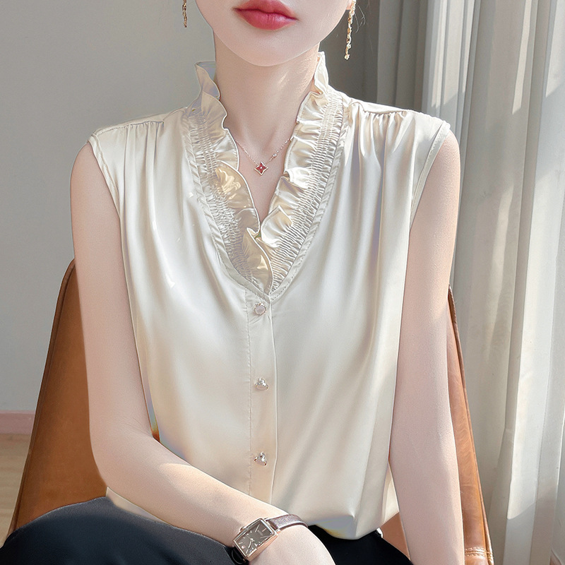 Gao-grade Satin Ear Vest with Sling Women's V-neck Summer Sleeveless Top Elegant Inner Shirt Base Shirt