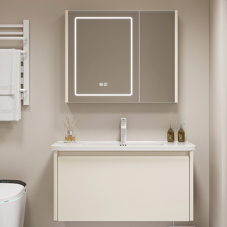 Gabinete de baño de acero inoxidable de aire crema combinado cerámica integral lavabo lavabo lavabo lavabo de esquina redonda lavabo lavabo