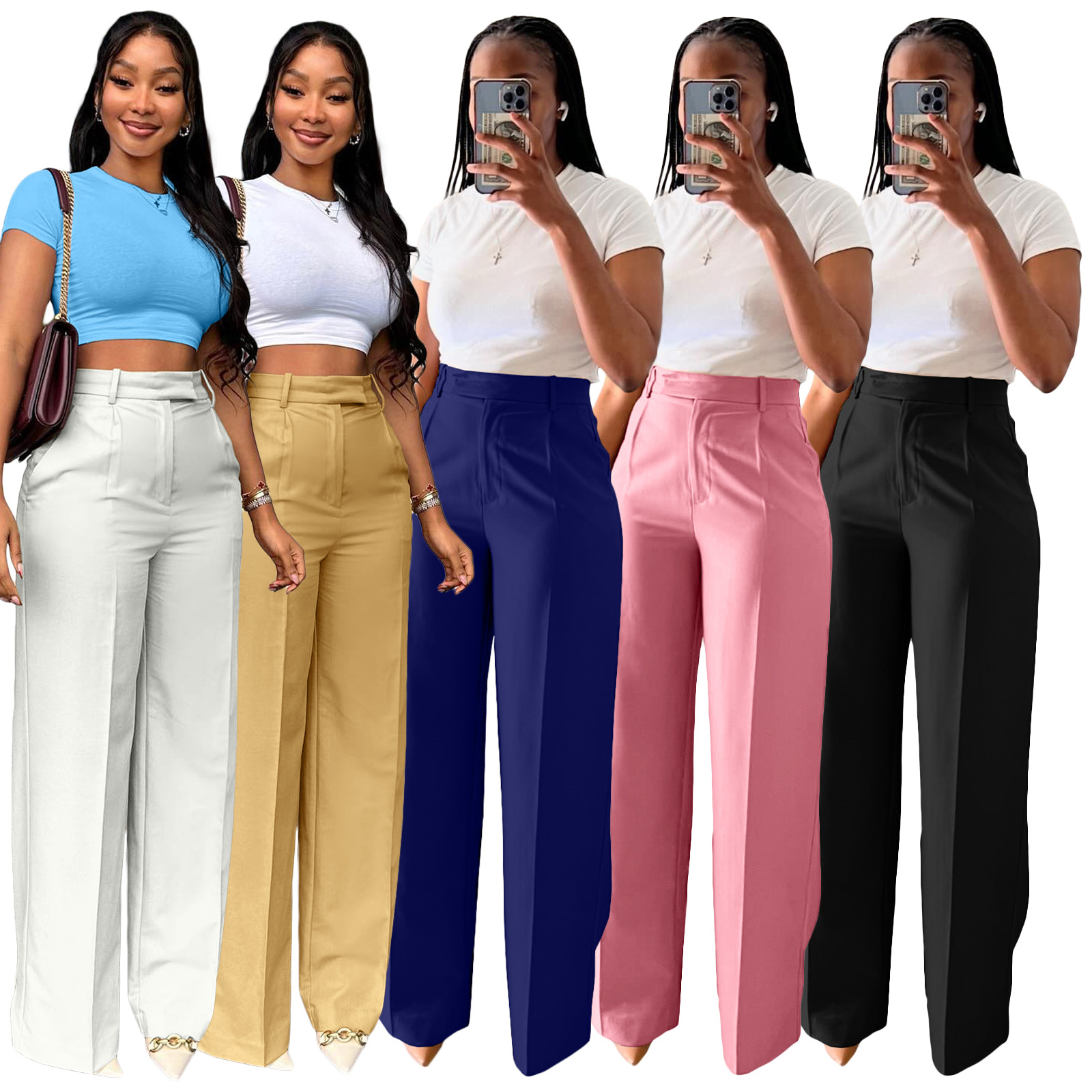 High waisted straight wide leg casual trousers_mkmklike.com