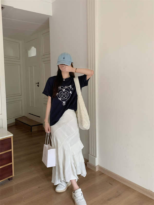 乌77感不规则白色半身裙女甜美少女蕾丝拼接高腰侧开叉鱼尾裙|undefined