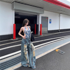 レトロな絞り染めウェイストランドスタイルの女性用リッピングワイドレッグジーンズ、夏のデザイン、ハイウエスト、スリムストレートレッグフロアレングスパンツ