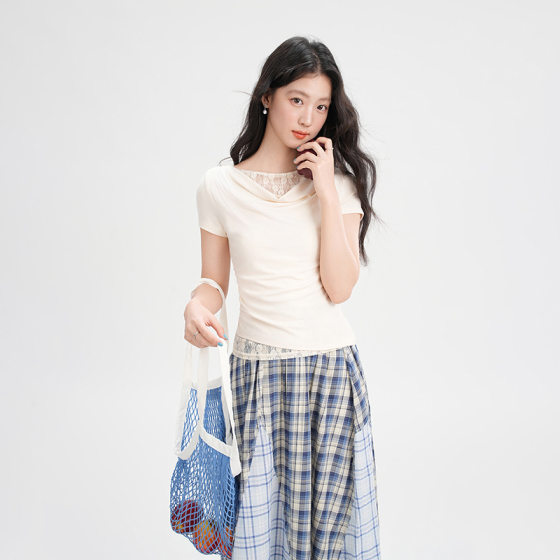 Ji You apricot Elegant Swing Collar Lace Stitching Short-sleeved T-shirt Women's 2025 Summer Pure Shoulder Slim-fit Short Top