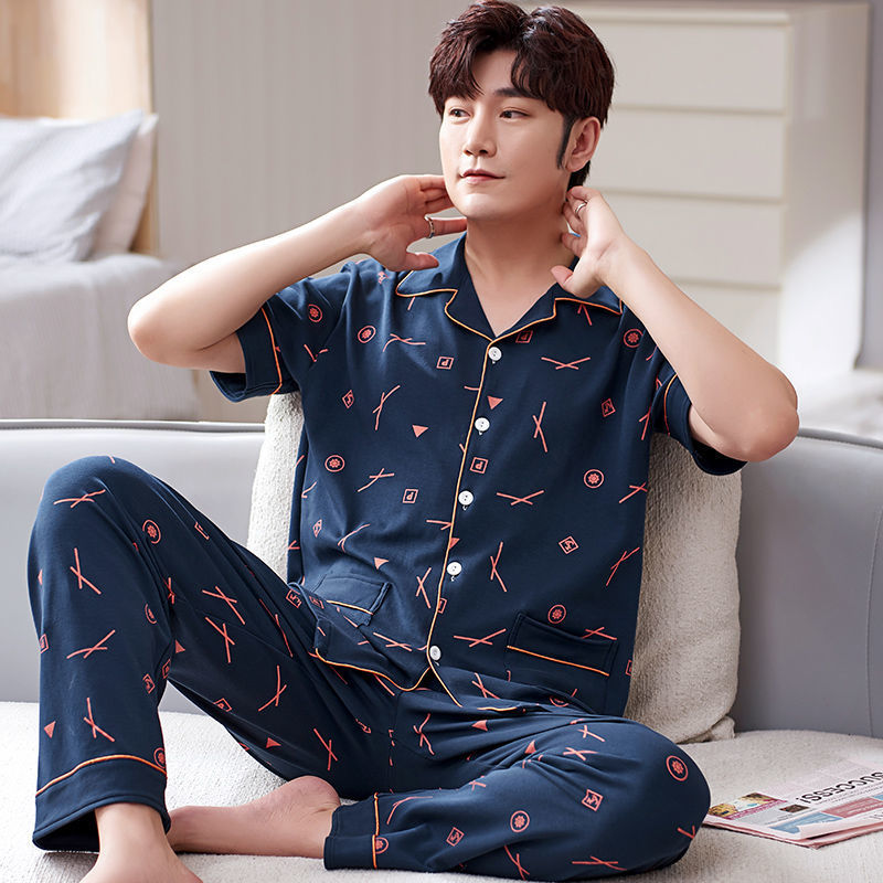 Pijamas de hombre ropa de verano 100% algodón pantalones de manga corta chaqueta juvenil traje de homewear delgado de mediana edad
