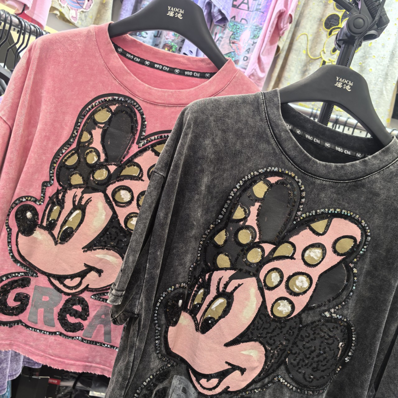 Marca de moda europea, industria pesada, tie-dye, diamantes completos, Mickey, cuello redondo, camiseta de manga corta, tendencia suelta corta, verano femenino, nuevo estilo