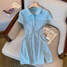 设计感法式蓝色Polo领连衣裙女2022夏季新款修身显瘦气质包臀短裙