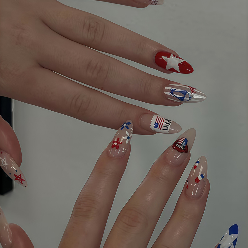 Independence Day Almond-Shaped Wearable Nails with Red, Blue, White Stars, Stripes, Fireworks, and American Flag Design Nail Pieces