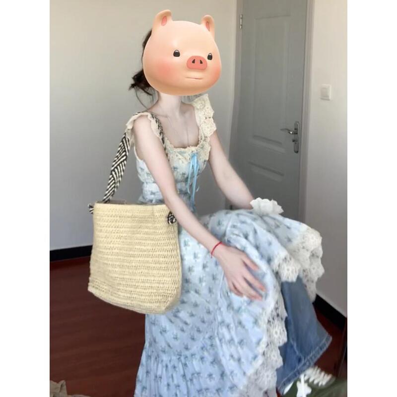 French Blue Floral Dress for Women in Summer, Sweet and Gentle Style Lace Princess Dress with Waist-Cinching Design