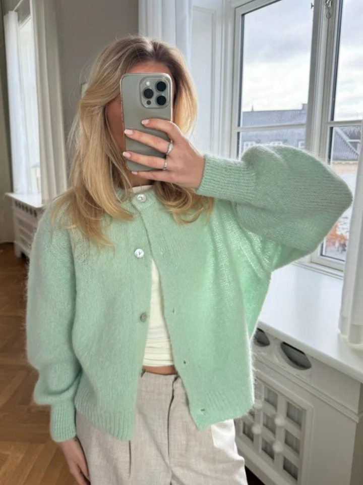 Áo cardigan len dệt kim dáng mỏng nhẹ cài nút một hàng, tay dài cổ tròn nữ — hoa hồng đỏ, màu be, màu cam, màu hoa cà chi tiết 4