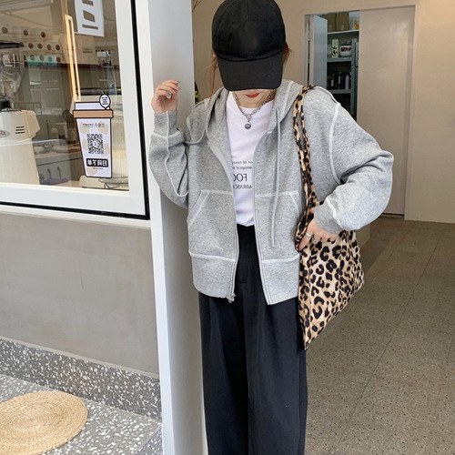 Women's gray hoodie outerwear, spring and autumn versatile, Korean chic, casual, small figure, Instagram trendy