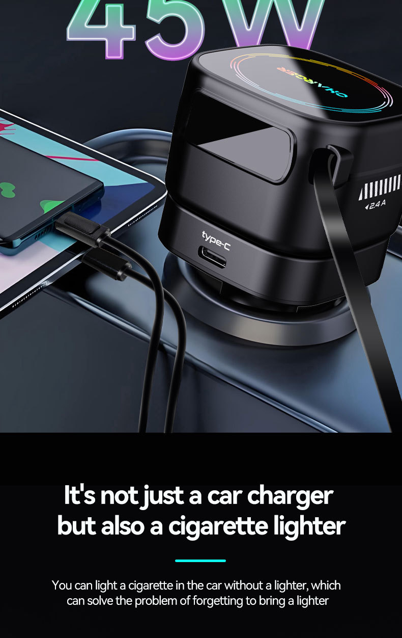 Cross-border new model car charger with ambient lighting, featuring a retractable cable, cigarette lighter socket, and window-breaking hammer – a four-in-one fast-charging car accessory
