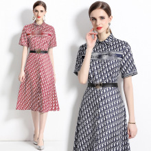 跨境女装现货欧美时尚百显瘦字母印花开衫短袖连衣裙配腰带