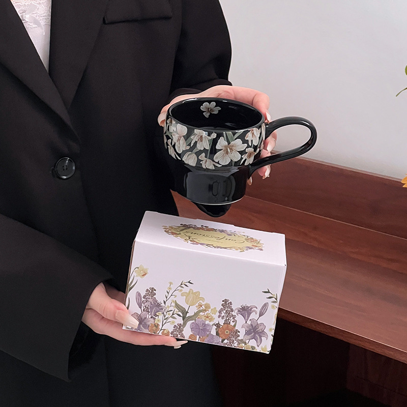 Taza de cerámica de flores taza de desayuno de avena tazón de calentamiento de leche flor brocade taza de café plato tazón